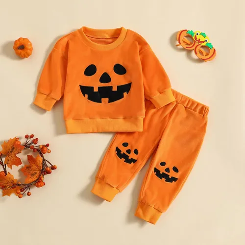 Vista 7 de Conjunto de 2 piezas de sudadera de calabaza de manga larga para bebé niño y niña, ropa de otoño e invierno