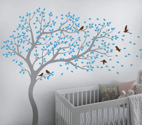 Vista 6 de Vinilo decorativo para pared de árbol grande con pájaros y hojas que soplan en el viento, adhesivo mural de bosque