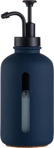 Vista 12 de Enra Dispensador de jabón de vidrio con ventana, bomba de mano beige de 17 onzas, botella de loción para encimera para baño y cocina