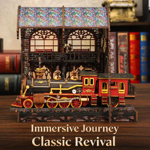 Vista 11 de Kit de rincón de libro, kit de casa en miniatura para adultos, rompecabezas LED 3D estación mágica, kit de rincón de libros, fabricado en madera
