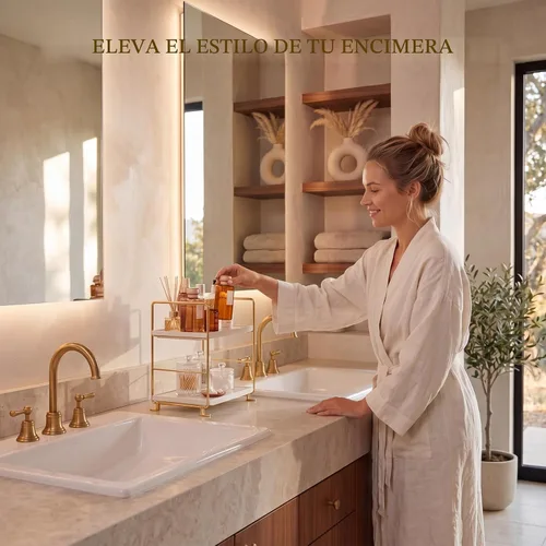 Vista 5 de FSyueyun Organizador de Encimera de Baño de 2 Niveles, Instalación Sin Herramientas, Organizador de Estante de Maquillaje de Plásticos Premium