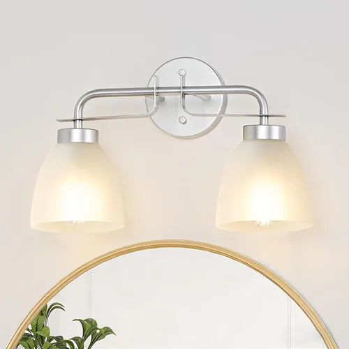 Vista 9 de Luces de tocador modernas de mediados de siglo de 16 pulgadas, lámpara dorada de 2 luces con pantallas de campana blancas esmeriladas, aplique