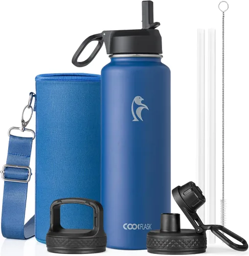 Vista 97 de Coolflask Botella de agua de 20 onzas aislada con pajilla, 3 tapas de metal de acero inoxidable, botella de agua de boca ancha para deportes u