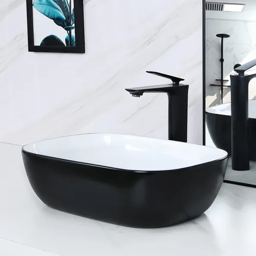 Vista 11 de Davivy Fregadero ovalado grande de 24.5 x 13.8 pulgadas, color negro mate con drenaje desplegable, fregadero de baño de cerámica sobre encimera