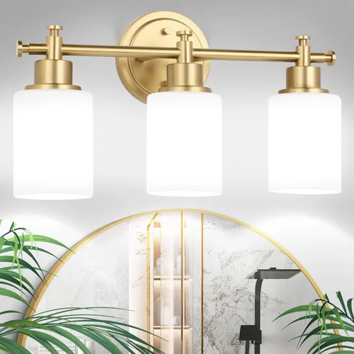 Vista 15 de Lámparas de baño negras de 3 luces, modernas luces de tocador sobre el espejo, apliques de pared de baño con pantalla de vidrio blanco, enchufe E26