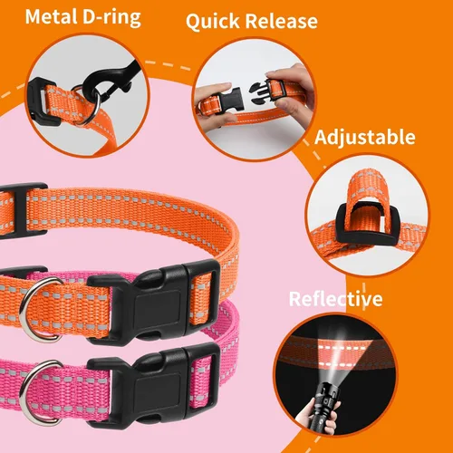 Vista 3 de Correa de repuesto para collar de choque, 3/4 pulgadas, paquete de 2, collar de perro ajustable reflectante, naranja y rosa, tamaño de cuello de 8 a