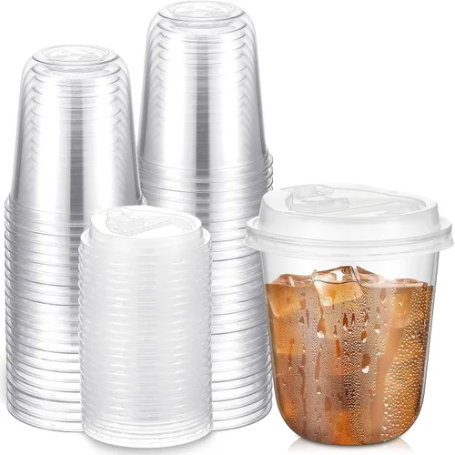 Vista 13 de Baderke Juego de 25 vasos de plástico transparente de 14 onzas con tapas, tazas de café helado resistentes con tapas, vasos de plástico desechables
