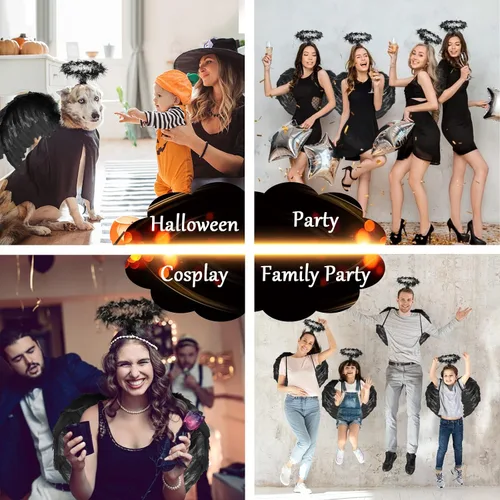Vista 7 de EPN Diadema de alas de ángel y halo para niñas disfraces de Halloween disfraz de plumas fiesta de cosplay elegante para niñas y mujeres color negro