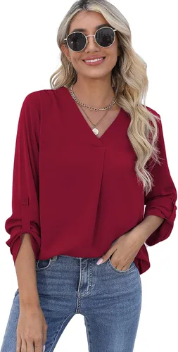 Vista 3 de QUEZHU Blusas de manga 34 para mujer, estilo casual, elegante, de gasa, cuello en V, blusas