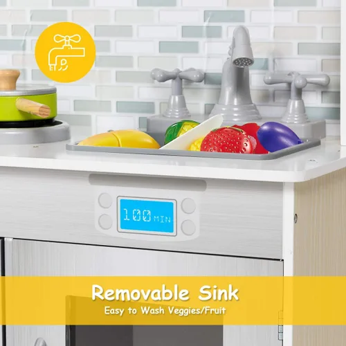 Vista 6 de HONEY JOY Juego de cocina para niños, cocina de simulación para niños pequeños, fregadero y grifo removibles, microondas, utensilios de cocina
