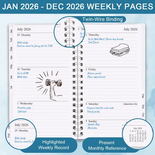 Vista 2 de Agenda/calendario de bolsillo 2024, organizador semanal y mensual A6 + diario p/realizar seguimiento de objetivos, fácil organización de tu vida Azul