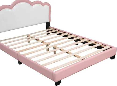 Vista 7 de Cama de princesa rosa con cabecera corona, cama de plataforma tamaño matrimonial, tapizada, no necesita somier