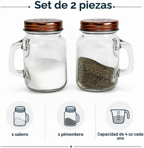 Vista 7 de Mason Jar - Juego de saleros y pimenteros de 4 onzas con asas, tapas de tono cobre, estilo rústico, estilo granja, cocina, comedor