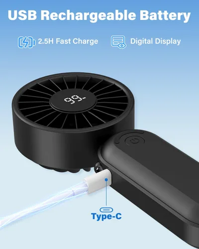 Vista 5 de AMACOOL Ventilador de mano plegable recargable, cable tipo C integrado, ventilador personal de 5 velocidades, tiempo de funcionamiento máximo de 17