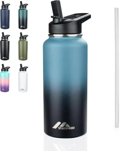 Vista 14 de StarSpeed Botella de agua aislada de 32 onzas con tapa con pajilla, botella de agua al vacío de doble pared de acero inoxidable, botella de agua