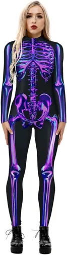 Vista 9 de Disfraz de esqueleto de calavera para Halloween para mujer, overol elástico y ajustado Skull Skeleton Costume Jumpsuits Stretch Skinny Catsuit