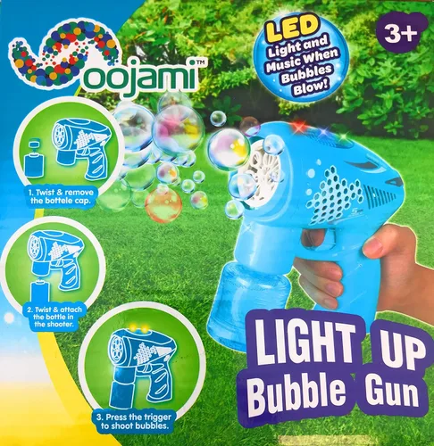 Vista 4 de Oojami Paquete de 2 máquinas sopladoras de pistola de burbujas (juego de 2) – Juguetes vibrantes para niños con luz LED y burbujas musicales