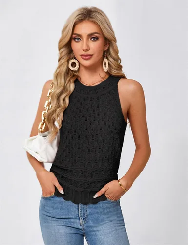 Vista 3 de JASAMBAC Suéter sin mangas para mujer, cuello redondo, ahuecado, elástico, recortado, suéter de punto