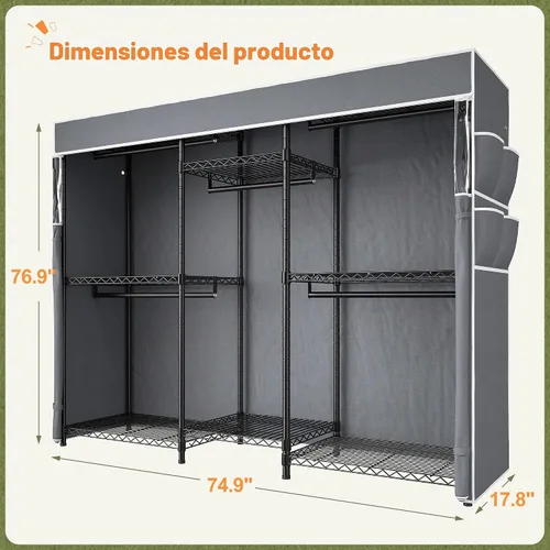 Vista 5 de Raybee Perchero de ropa con cubierta, perchereros para colgar ropa resistente, armario portátil con estantes, ajustable, carga de 905 LBS, negro