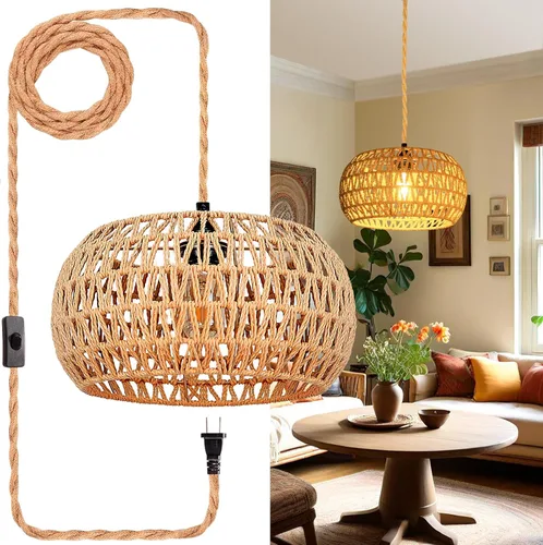 Vista 8 de Luces Colgantes con Cable de Enchufe, Lámpara Colgante de Ratán, Luminarias de Techo Boho, Lámpara Colgante de Estilo Rústico para Sala de Estar
