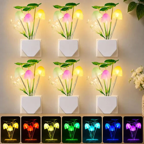 Vista 10 de Mudder Juego de 6 lámparas nocturnas de hongos LED, lámpara de pared con enchufe, 7 colores cambiantes, lámpara mágica bonita en forma de hongo