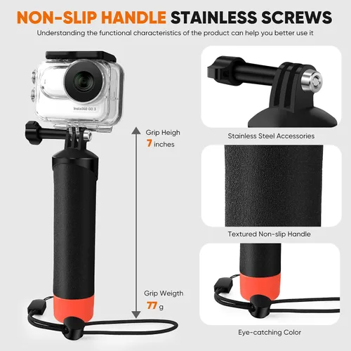 Vista 5 de Funda impermeable y agarre flotante compatible con Insta360 GO 3, carcasa protectora de buceo subacuático con accesorios de soporte