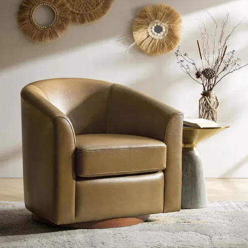 Vista 11 de HULALA HOME Silla giratoria de cuero genuino con base de madera maciza Beige