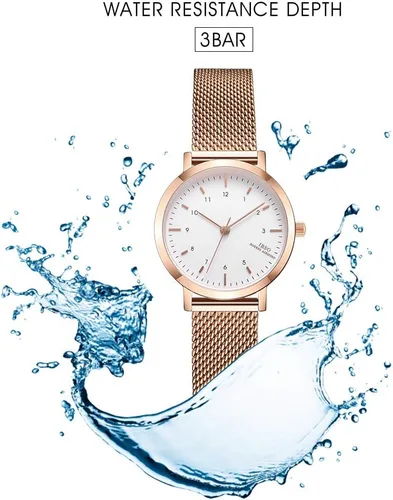 Vista 6 de Reloj de pulsera para mujer con correa de acero inoxidable, de cuarzo, a prueba de agua, Rose gold