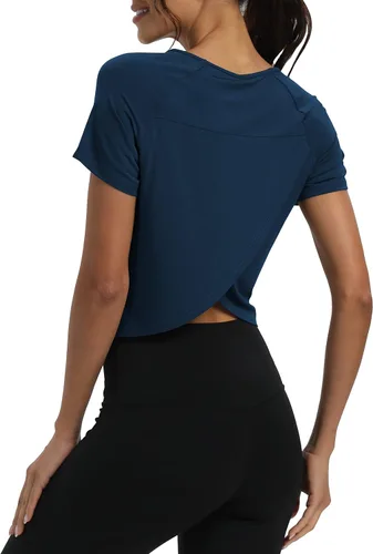 Vista 4 de Mippo Camisetas de entrenamiento para mujer, recortadas, con espalda dividida, atléticas, para gimnasio, ejercicio, ajuste holgado