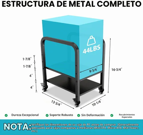 Vista 3 de Soporte de torre para computadora, soporte de piso de PC de altura ajustable de 2 niveles para torre pequeña/media, carrito de metal completo