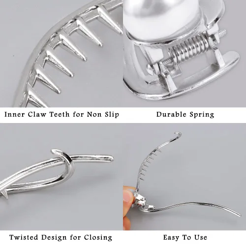 Vista 3 de Ahoney 4 pasadores de perlas para mujer, pinzas francesas 4.2 con perlas elegantes para cabello grueso (plata + dorado)