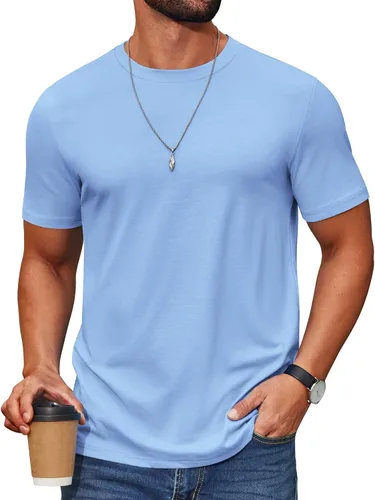 Vista 11 de COOFANDY Camiseta de manga corta para hombre, de mezcla de algodón, cuello redondo, informal, para verano, básica Verde militar