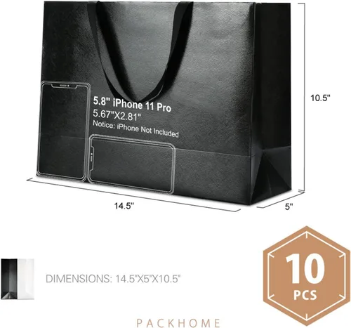 Vista 6 de PACKHOME 10 bolsas de regalo grandes de 14.5 x 5 x 10.5 pulgadas, bolsas de regalo negras de alta calidad con asas para regalar