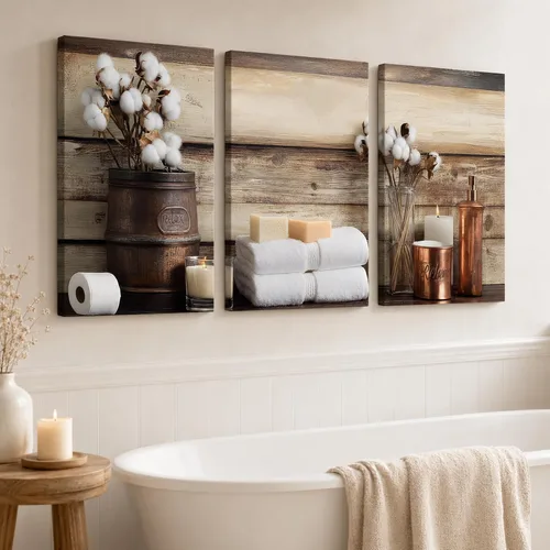 Vista 25 de KVTM 3 piezas de arte de pared de baño de granja, diseño de jabón fresco y bañera de agua, impresiones rústicas de flores en lienzo, arte estético