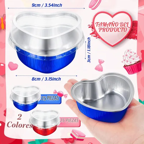 Vista 3 de Honeydak 50 juegos de moldes para tartas en forma de corazón de San Valentín con tapas, de papel de aluminio, 3.4 onzas, mini tazas desechables