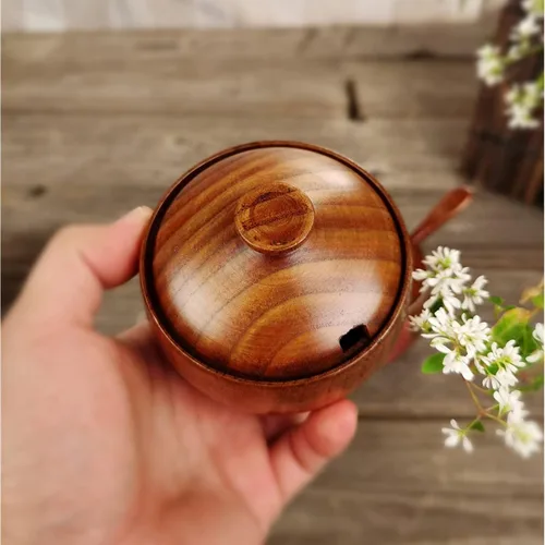 Vista 5 de Paquete de 2 tarros de condimentos japoneses, tarros de especias de madera maciza con tapa y cuchara, contenedor de madera de azufaifo, madera