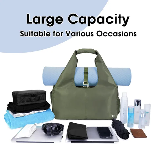 Vista 5 de Bolsa de gimnasio para mujer con compartimento para zapatos y bolsillo húmedo con soporte ajustable para esterilla de yoga, Verde militar, Moda