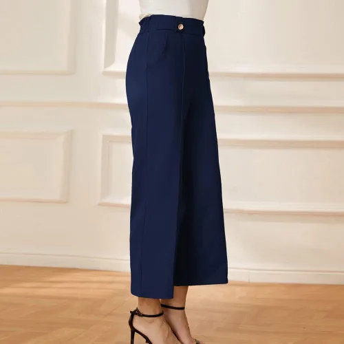 Vista 4 de GRACE KARIN Pantalones de trabajo recortados de pierna recta para mujer, cintura alta elástica, pierna ancha, pantalones casuales de negocios