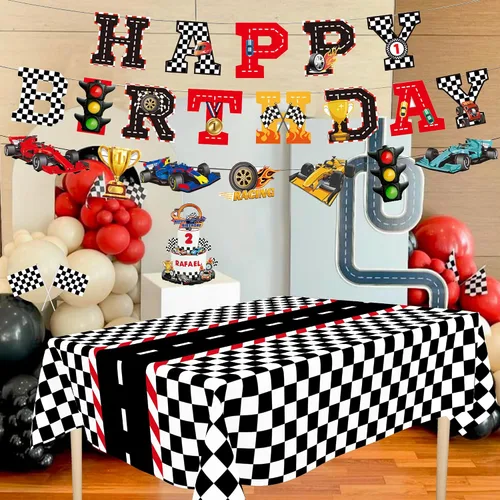 Vista 4 de Kit de decoración de fiesta de auto de carreras, pancarta de feliz cumpleaños, manteles para cumpleaños de coche de carreras o baby shower, 54 x 108