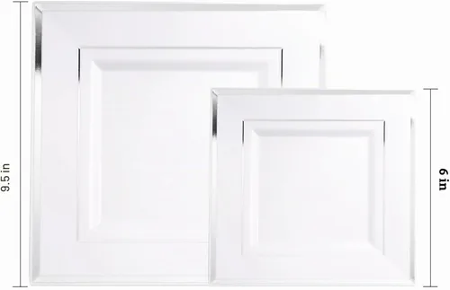 Vista 2 de Liacere 100 platos cuadrados de plástico blanco y plateado, 50 platos de cena blancos resistentes de 9.5 pulgadas y 50 platos de postre de 6 Blanco