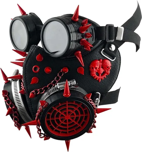 Vista 3 de Máscara de gas con cadena gótica steampunk de calavera roja con remaches, para Halloween, cosplay, unisex