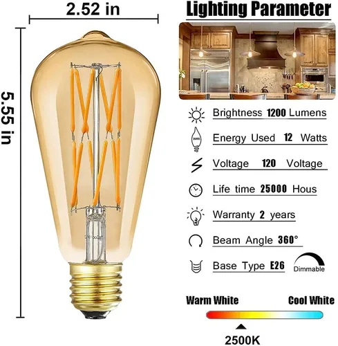 Vista 3 de Bombillas LED Edison vintage regulables de 12 W, equivalente a 100 vatios, blanco cálido de 2500 K (vidrio dorado ámbar), base E26, forma antigua