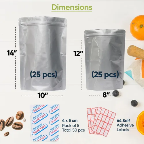Vista 2 de 50 bolsas de Mylar para almacenamiento de alimentos, bolsas de Mylar de 0.5 y 1 galón con absorbentes de oxígeno de 400 cc - 9.4 mil extra gruesas