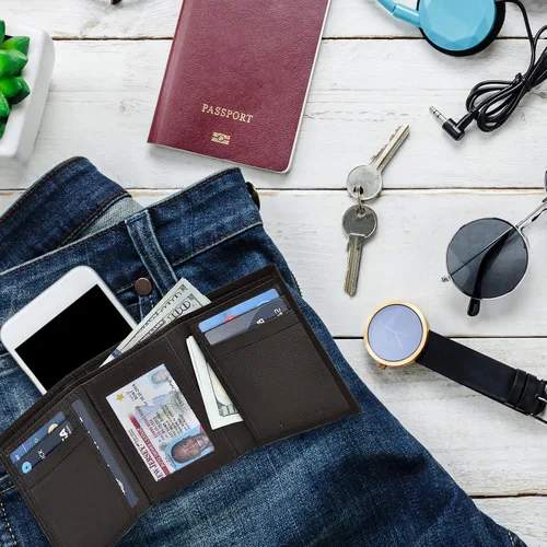 Vista 7 de Carteras RFID delgadas para hombre billetera triple con bolsillo frontal de cuero genuino Cartera RFID