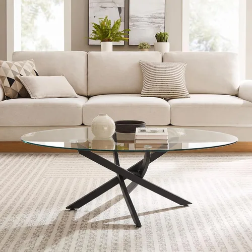 Vista 8 de Henf Oval Glass Coffee Table, 39.4'' Transparent Top, Black Metal Legs