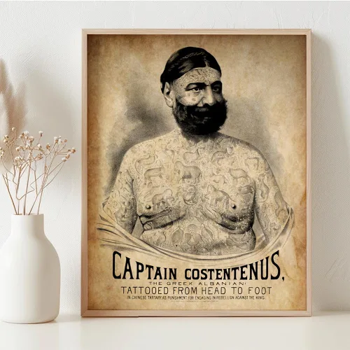 Vista 3 de Tattoo Decor - The Tattooed Man - Captain Costentenus - 11x14 Framed Art Print - Perfect Tattoo Shop Decor, Tattoo Artist Gifts, Tattoo Sign and