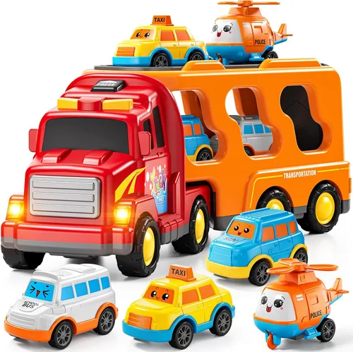 Vista 14 de Juego de Juguetes de Ambulancia para Niños Pequeños de 1-3 y 3-5 años, Juego de Camión Transportador con Coches de Juguete, Luz y Sonido, Juguetes