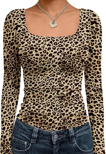 Vista 16 de Trendy Queen - Camisas ombligueras para mujer, manga larga, cuello cuadrado, básicas, para salir, de invierno, Y2K Albaricoque