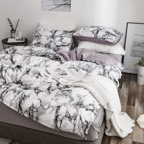 Vista 5 de Juego de 3 piezas de ropa de cama de mármol, funda de edredón de poliéster, juego de funda de edredón para el hogar, dormitorio, hotel, tamaño doble