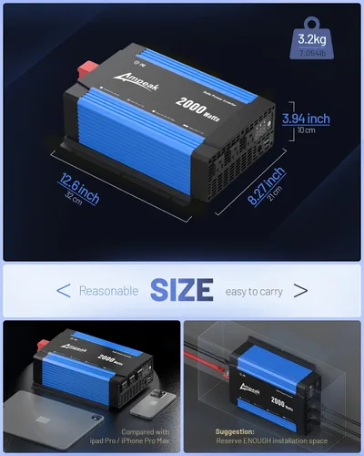 Vista 5 de Ampeak Inversor de 2000W, Inversor de Corriente para Automóvil de 12V a 120V, 89.37% Alta Eficiencia Inversor de Onda Sinusoidal Modificada, 3